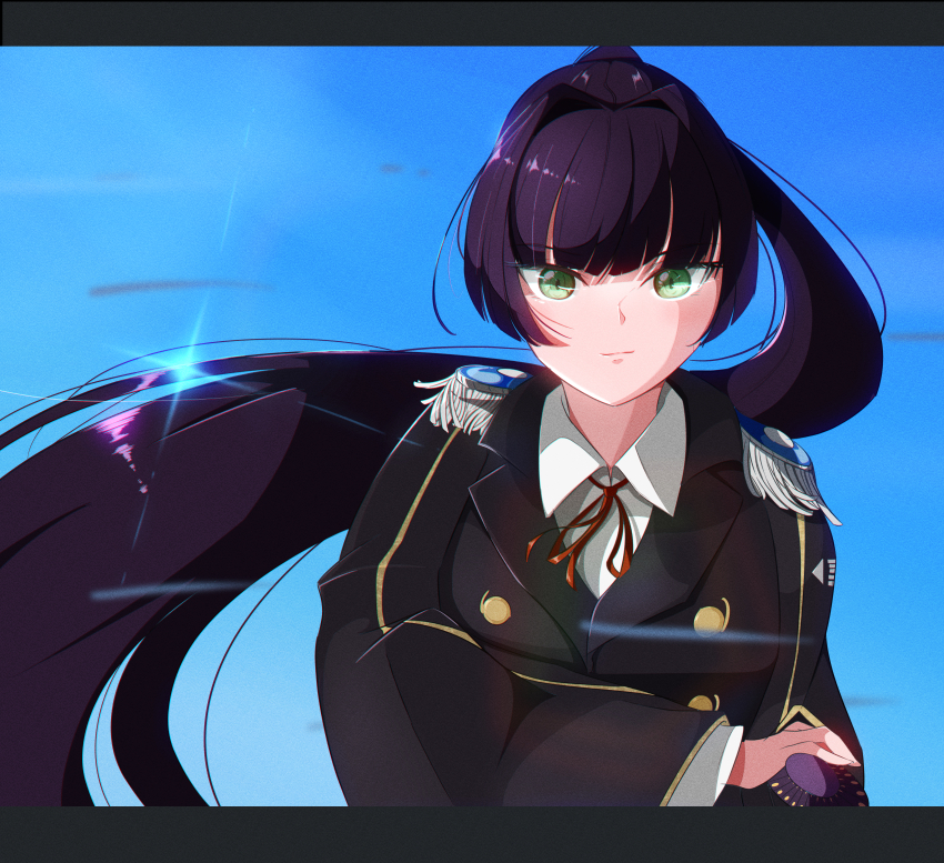 1girl, absurdres, black_hair, commentary_request, epaulettes, green_eyes, heaven_burns_red, highres