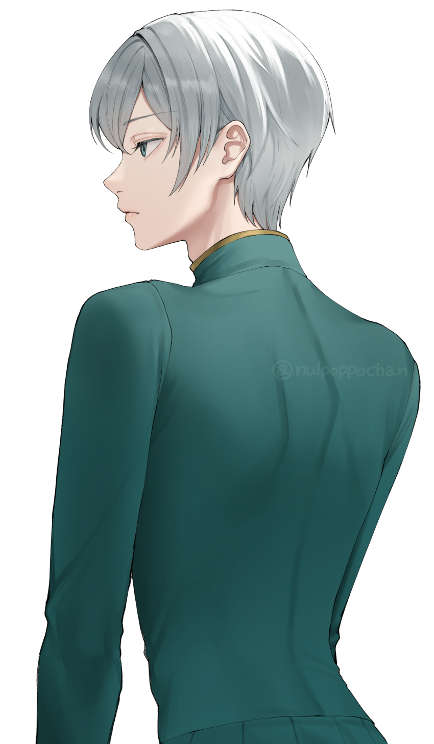 1boy, absurdres, blue_eyes, blue_shirt, closed_mouth, commentary_request, cowboy_shot, frown