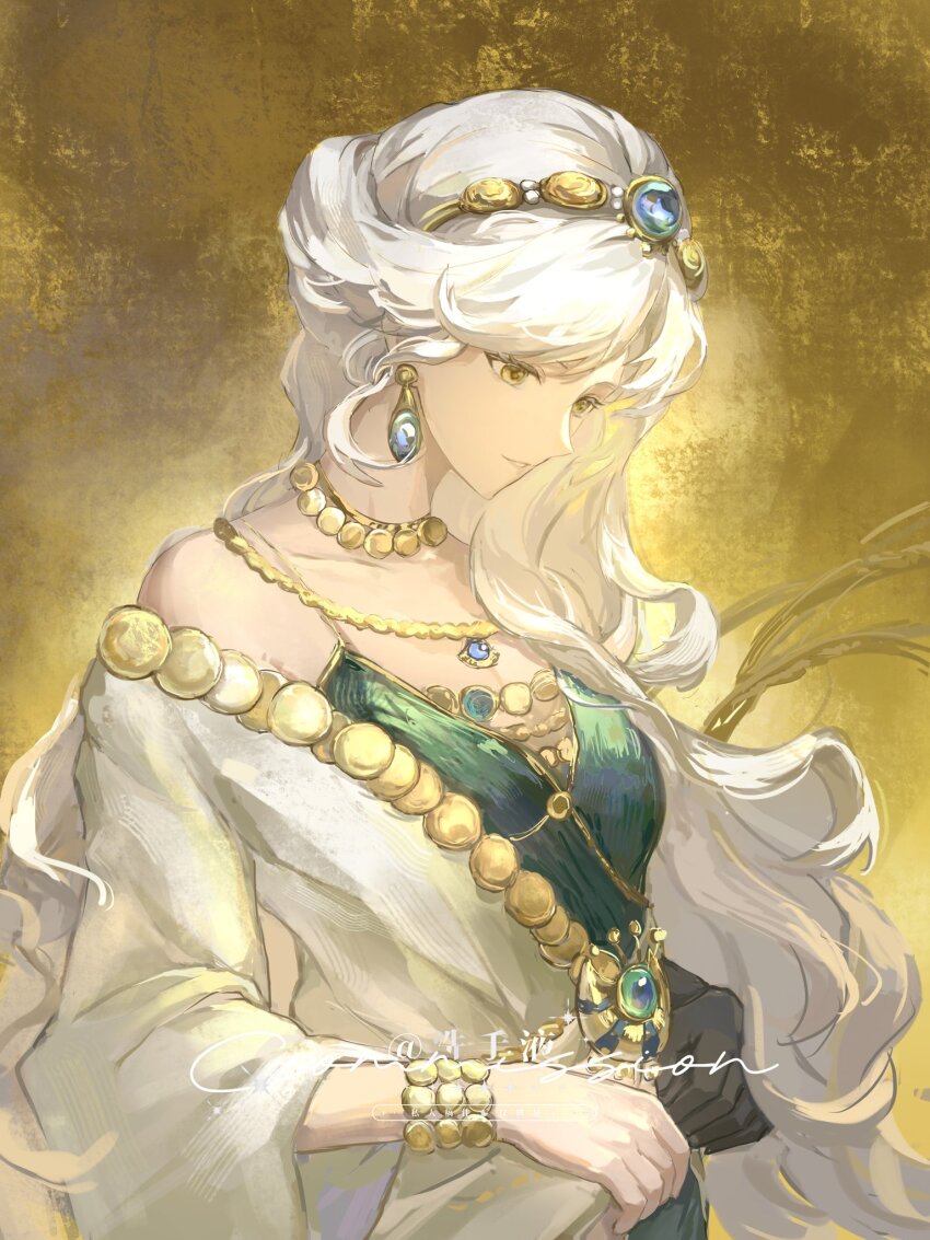 1girl, bare_shoulders, black_gloves, coat, dress, earrings, eternity_(reverse:1999), facing_down, from_side, gloves, green_dress, grin, hair_ornament, highres, jewelry, long_hair, official_alternate_costume, profile, reverse:1999, san1tize2, single_glove, smile, solo, upper_body, very_long_hair, watermark, white_coat, white_hair, yellow_background, yellow_eyes