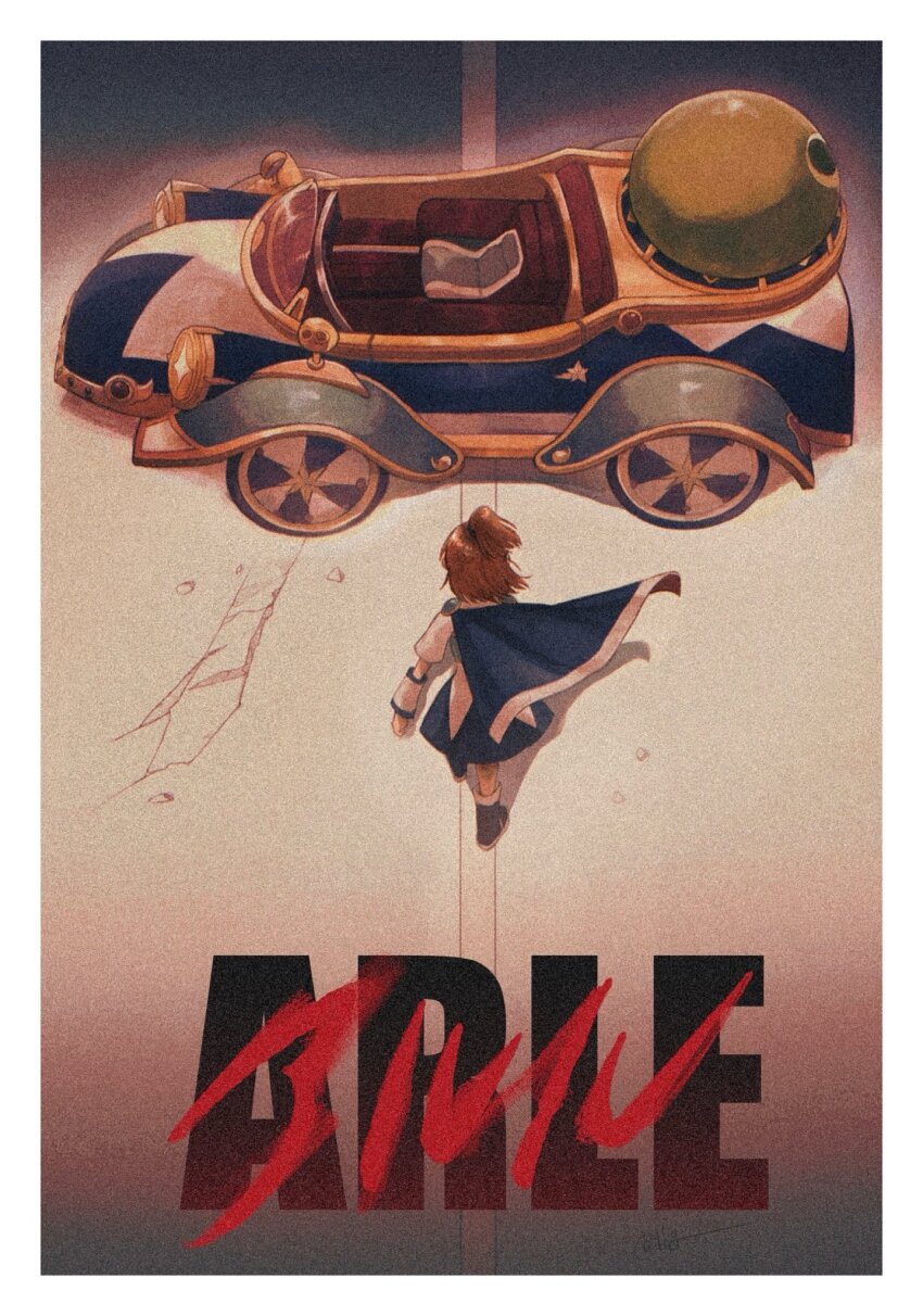 1boy, 1girl, 1other, akira_(manga), akira_movie_poster, arle_nadja, blue_cape, blue_skirt, border, brown_hair, bus, cape, car, commentary_request, copyright_name, crack, cracked_floor, from_above, from_behind, highres, lig00, long_sleeves, motor_vehicle, movie_poster_(medium), parody, ponytail, puyopuyo, retro_artstyle, scene_reference, short_hair, short_ponytail, skirt, solo, sonic_(series), sonic_racing:_crossworlds, title_parody, vehicle_focus, walking, white_border, wide_shot