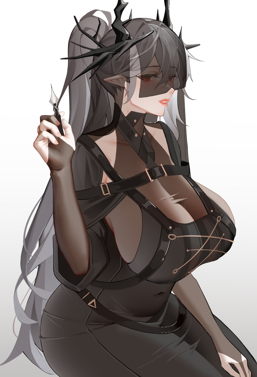 1girl, absurdres, alternate_breast_size_(larger), arknights, black_dress, black_veil, breasts, calligraphy_brush