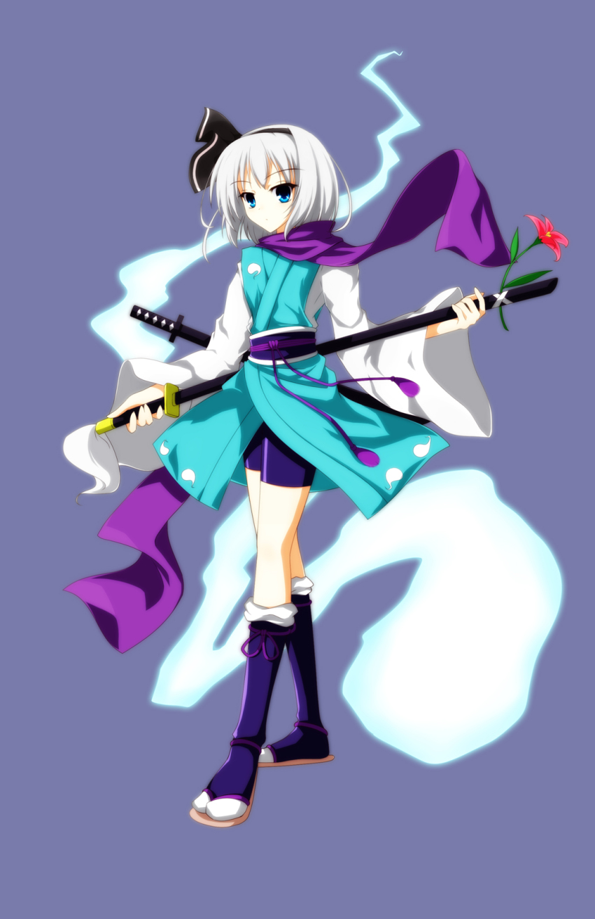 1girl, alternate_costume, bike_shorts, blue_background, blue_eyes, female_focus, flan_(zhd91), flower