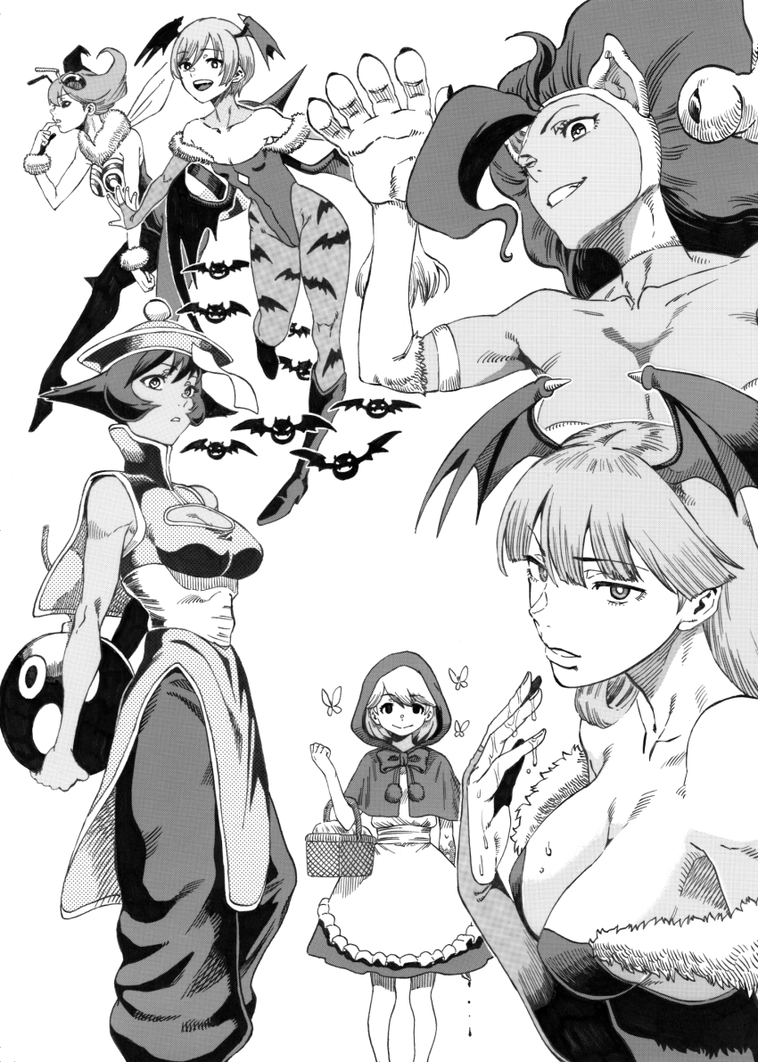 6+girls, animal_ears, animal_hands, animal_print, antennae, apron, arthropod_girl, b.b._hood, basket, bat_(animal), bat_print, bat_wings, bee_girl, bee_print, big_hair, blood, blood_drip, bomb, bracelet, breasts, bridal_gauntlets, bug, butterfly, cat_ears, cat_girl, cat_paws, chinese_clothes, cleavage_cutout, clothing_cutout, collarbone, combat_knife, commentary, cropped_cloak, darkstalkers, demon_girl, explosive, felicia_(darkstalkers), flat_chest, flying, frilled_apron, frills, fur_bracelet, fur_collar, fur_trim, fuse, gesso, greyscale, hat, head_wings, highres, holding, holding_basket, hood, hood_up, hsien-ko, insect, insect_girl, insect_wings, jewelry, jiangshi, knife, large_breasts, leotard, lilith_(darkstalkers), long_hair, looking_at_viewer, low_wings, medium_hair, mixed-language_commentary, monochrome, morrigan_aensland, multiple_girls, ofuda, open_mouth, picnic_basket, q-bee, qingdai_guanmao, screentones, sexually_suggestive, short_sleeves, simple_background, smile, suggestive_fluid, traditional_media, weapon, white_background, wings