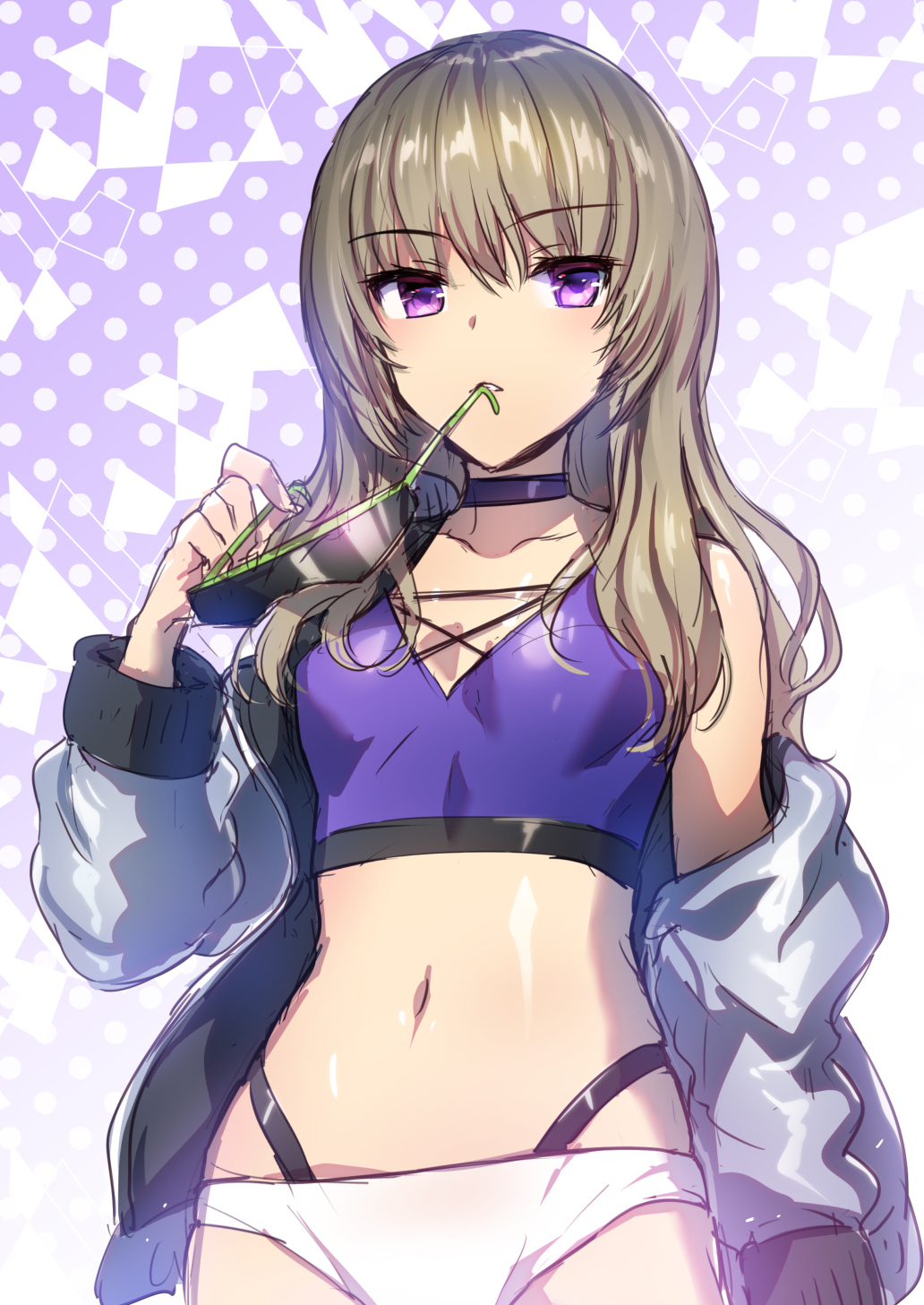 1girl, breasts, brown_hair, chunithm, commentary_request, grey_jacket, hagiwara_nanase, hand_up, highres, hisasi, holding, holding_removed_eyewear, irodorimidori, jacket, long_hair, looking_to_the_side, medium_breasts, navel, open_clothes, open_jacket, parted_lips, polka_dot, polka_dot_background, purple_background, purple_eyes, single_bare_shoulder, single_off_shoulder, solo, stomach, sunglasses, unworn_eyewear