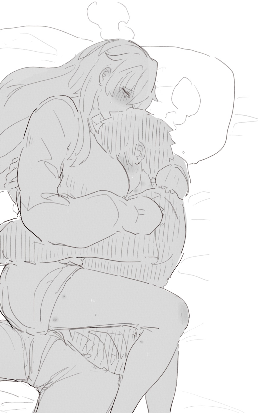 1boy, 1girl, absurdres, between_breasts, bite_mark, blush, breasts, commentary_request