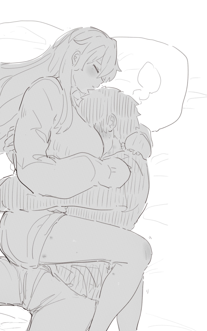 1boy, 1girl, absurdres, between_breasts, bite_mark, blush, breasts, closed_eyes