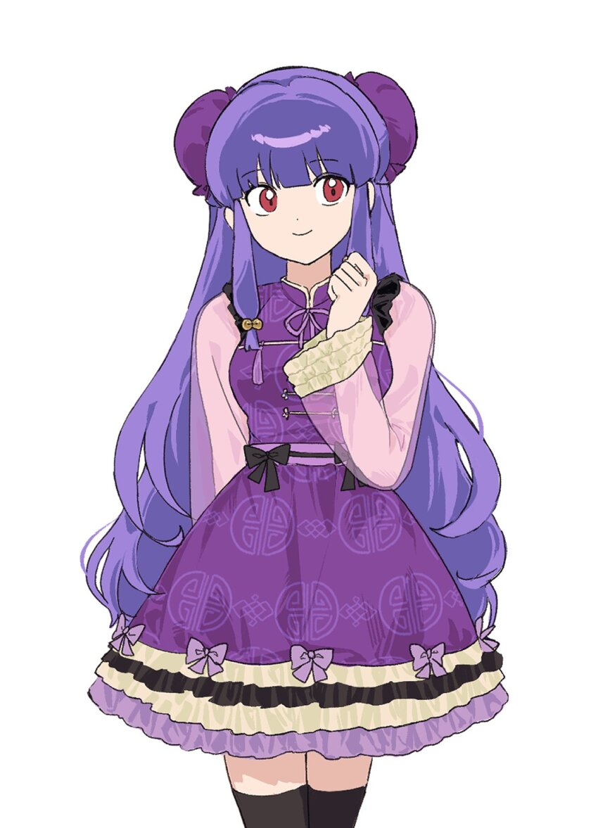 1girl, 88_77k, bell, black_bow, black_thighhighs, bow, bun_cover, commentary