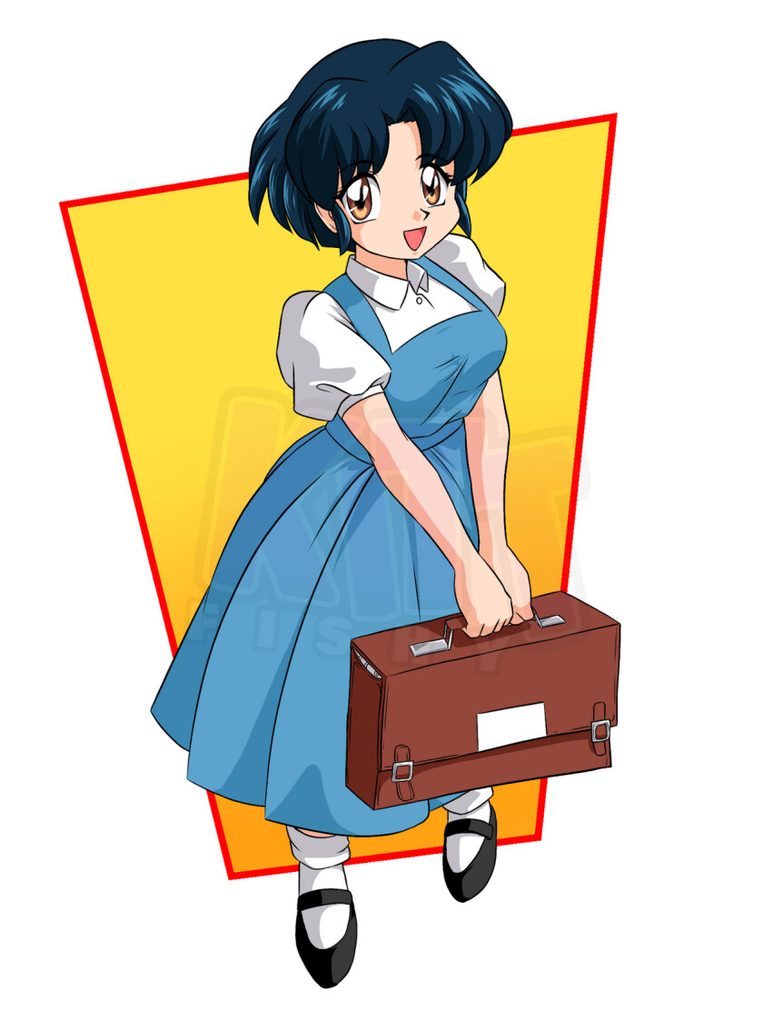 1girl, :d, bag, black_hair, black_shoes, blue_dress, brown_eyes, commentary