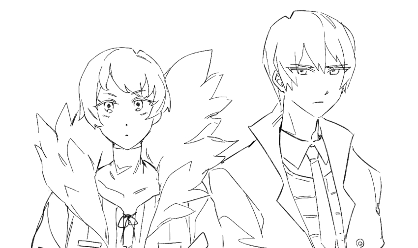 1boy, 1girl, chinese_commentary, closed_mouth, collared_shirt, commentary_request, expressionless, greyscale