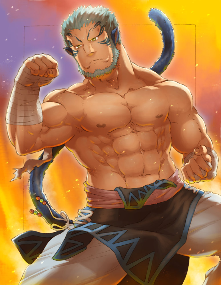 1boy, abs, animal_ears, bandages, bara, beard, blue_hair, clenched_hands