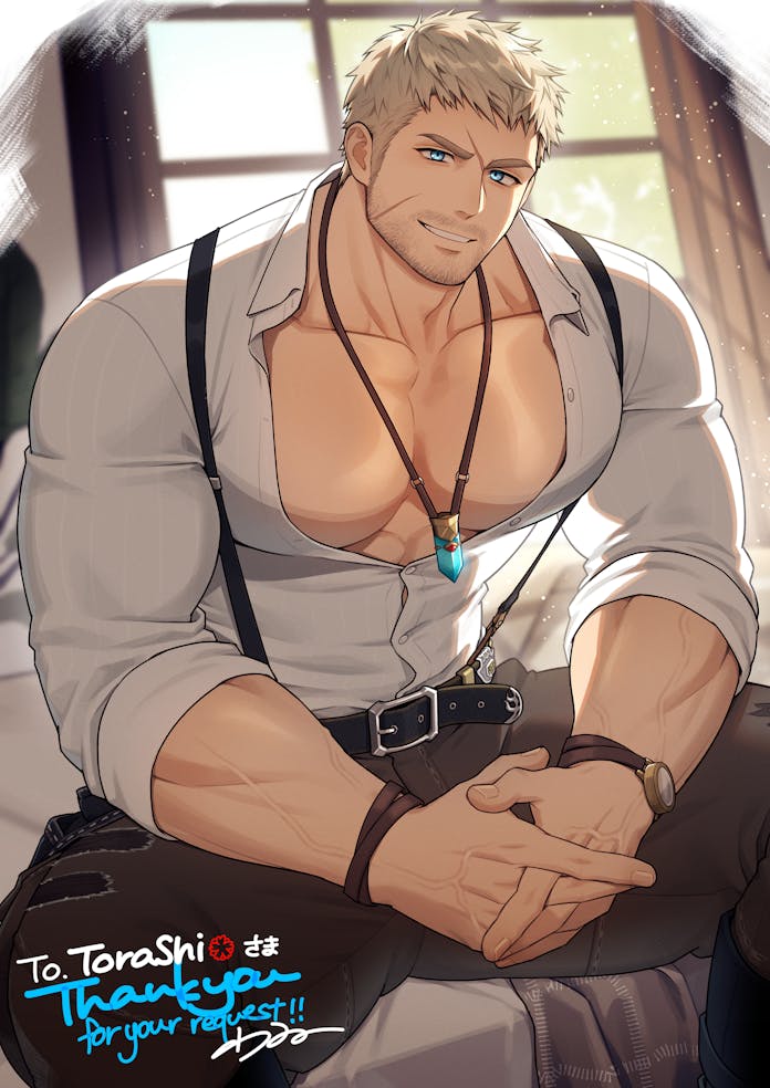 1boy, amagosi, belt, blonde_hair, blue_eyes, commentary, commission, english_commentary