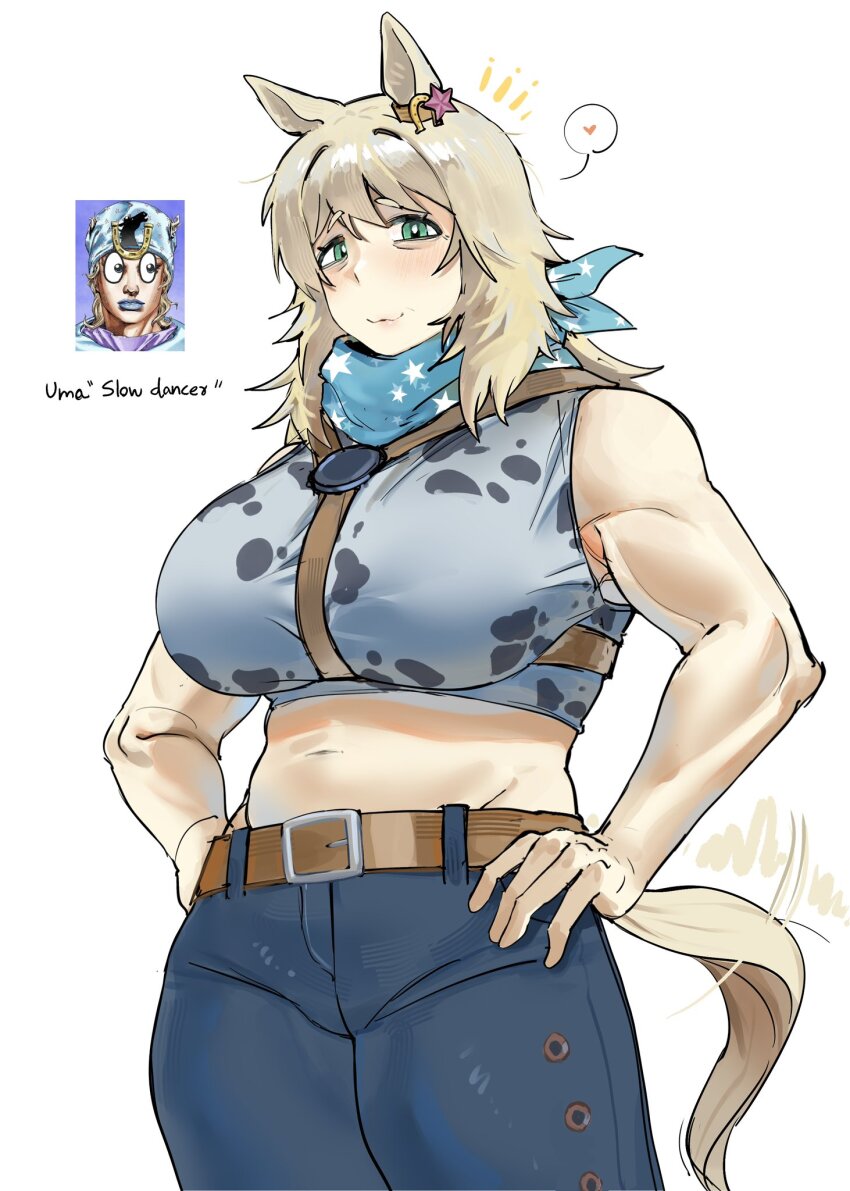 1girl, :3, animal_ears, bags_under_eyes, belt, blonde_hair, breasts, chest_harness