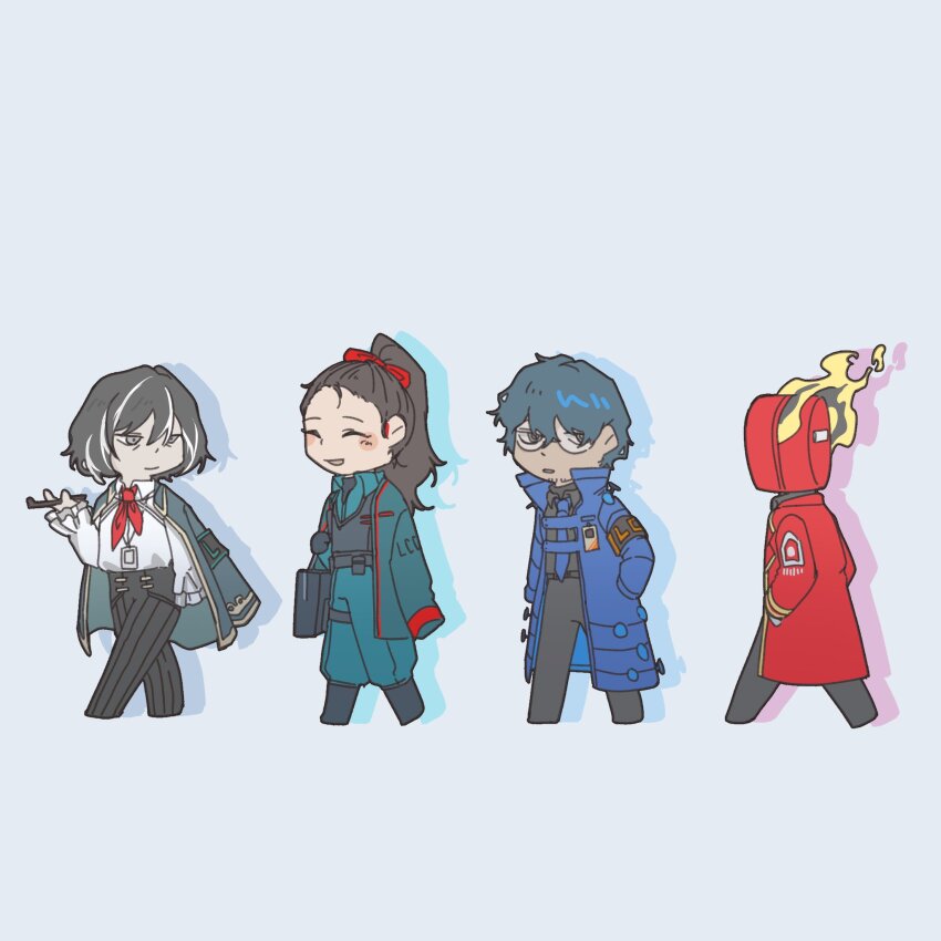 1boy, 2girls, ^_^, aedd_(e.g.o), aqua_coat, aqua_pants, aqua_shirt, black_hair