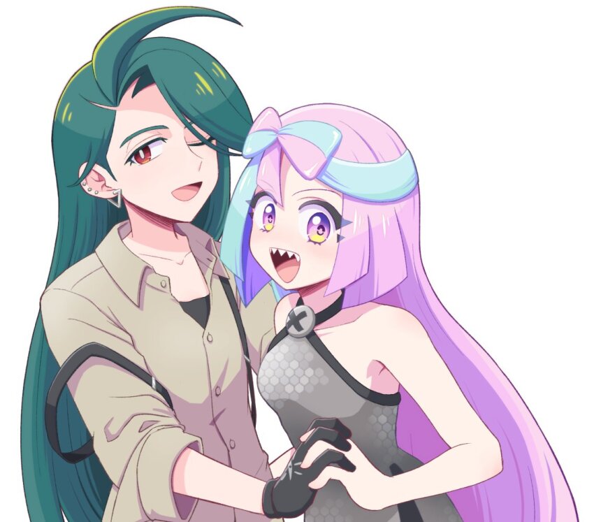 2girls, ahoge, androgynous, asymmetrical_bangs, black_gloves, blue_hair, bow-shaped_hair, breasts