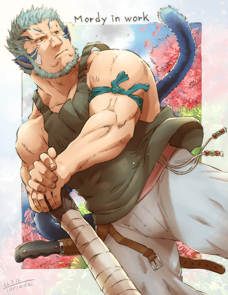 1boy, alternate_costume, animal_ears, artist_name, beard, blue_hair, closed_mouth, commentary_request