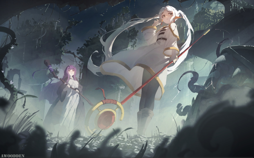 2girls, :3, absurdres, arm_at_side, artist_name, awoodden, black_pantyhose, capelet