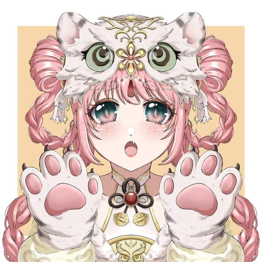 1girl, animal_ear_headwear, animal_ears, animal_hands, animal_hat, beads, bell, black_ribbon