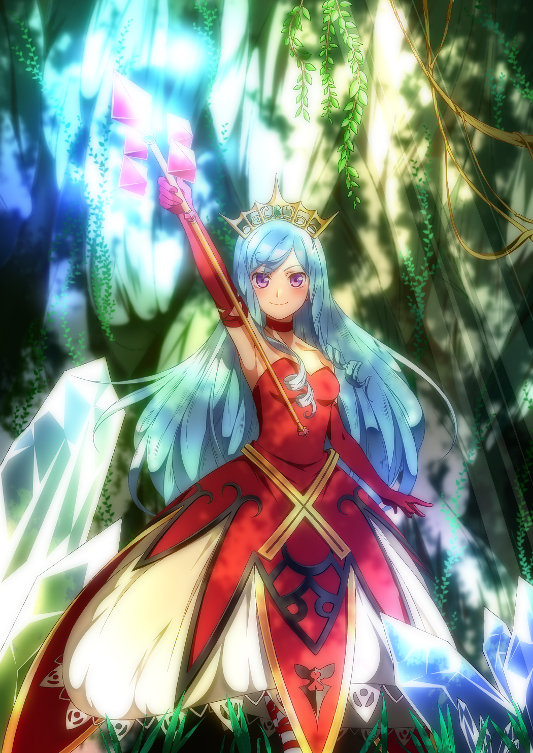 1girl, arm_up, armpits, bare_shoulders, blue_hair, choker, closed_mouth, commentary_request