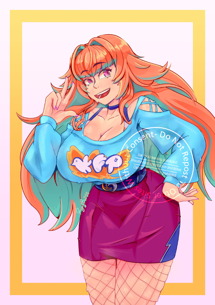 1980s_fashion, 1girl, border, breasts, cleavage, commentary, english_commentary, fishnet_pantyhose