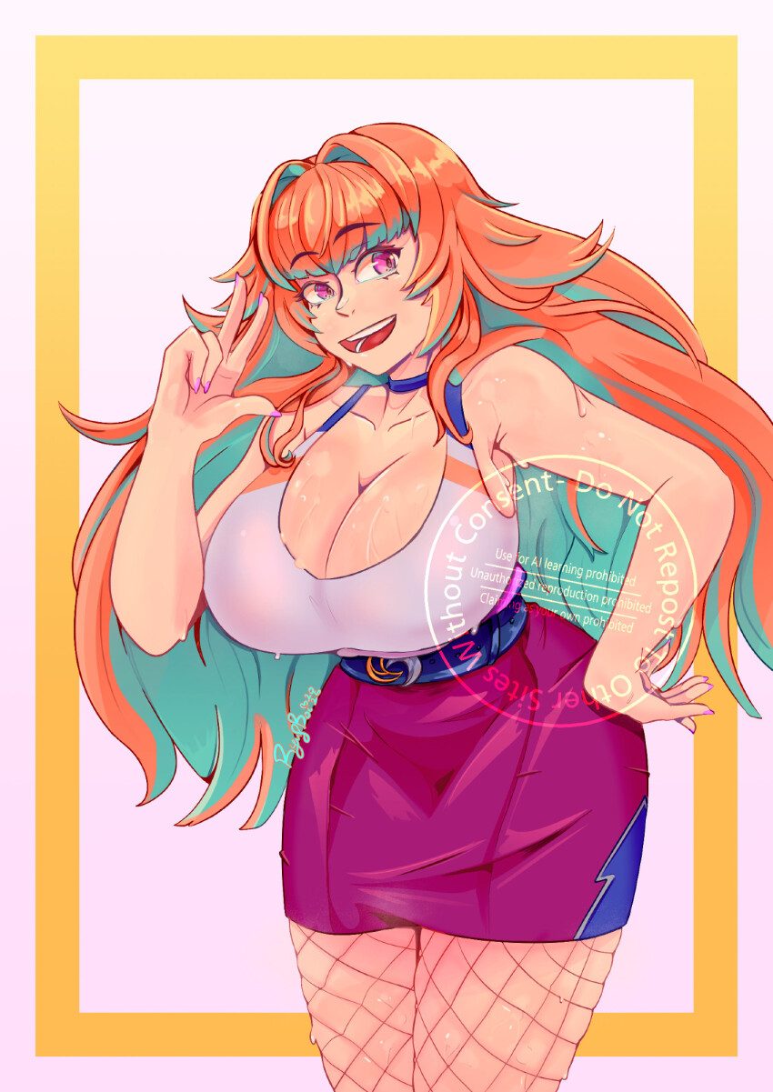 1girl, border, breasts, cleavage, commentary, english_commentary, fishnet_pantyhose, fishnets