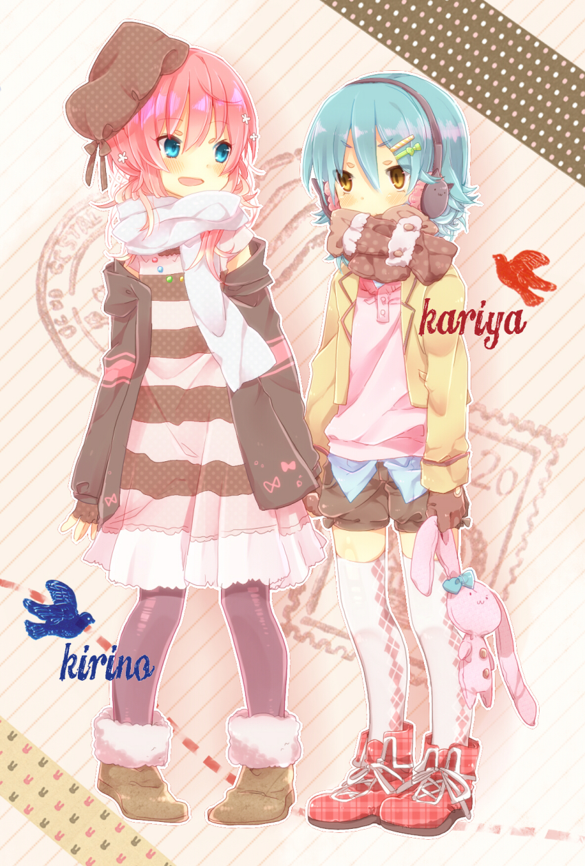 2boys, argyle_clothes, argyle_legwear, bad_id, bad_pixiv_id, blue_eyes, blush, crossdressing