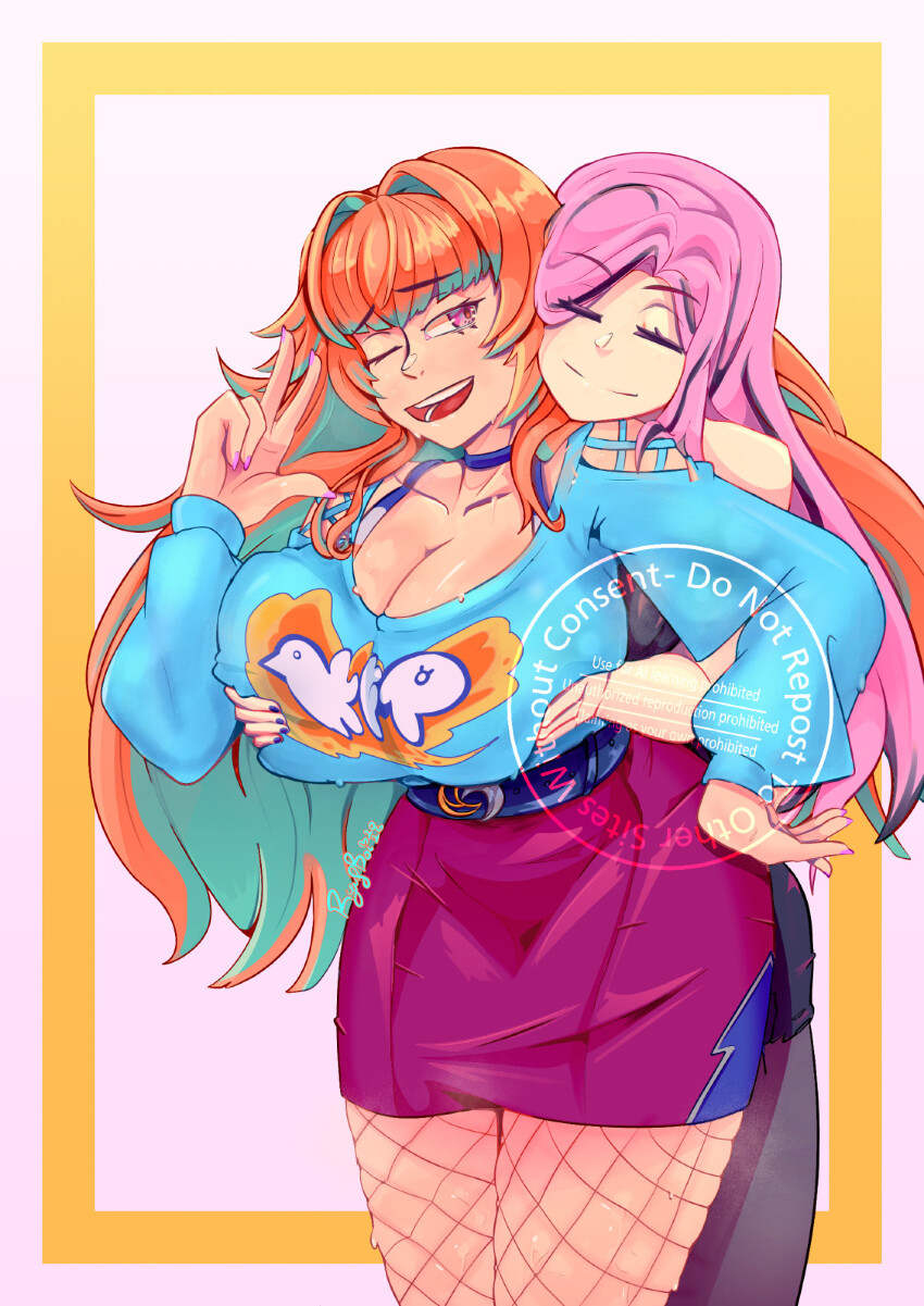 1980s_fashion, 2girls, bare_shoulders, border, breasts, cleavage, closed_eyes, commentary