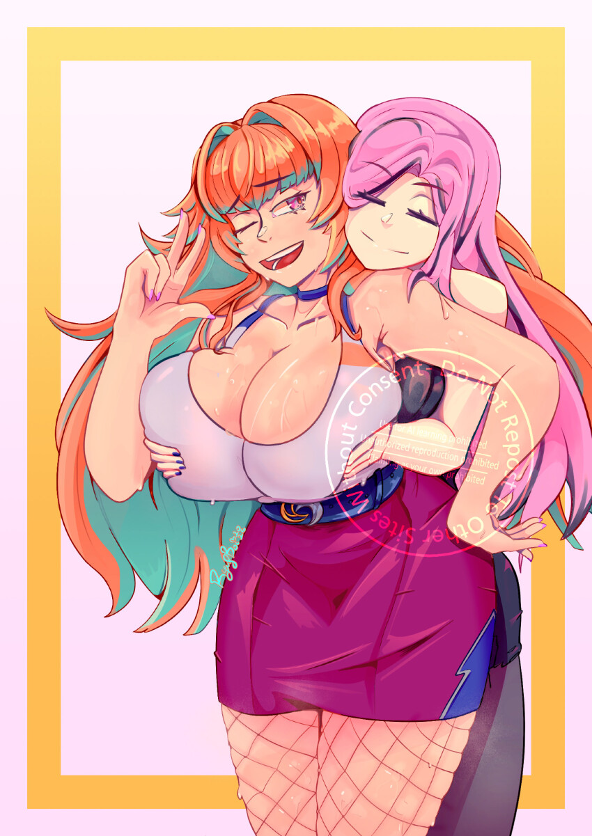 2girls, bare_shoulders, border, breasts, cleavage, closed_eyes, commentary, english_commentary