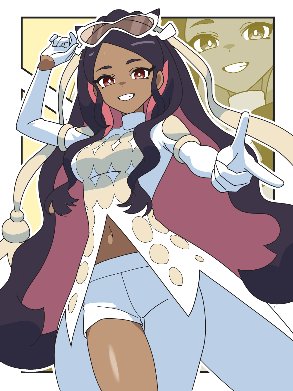 1girl, asymmetrical_pants, breasts, brown-tinted_eyewear, caraway_(pokemon), coattails, colored_inner_hair, commentary_request