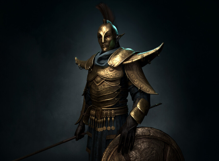 1boy, 3d, armor, black_background, blue_pants, blue_scarf, commentary, cowboy_shot, english_commentary, facing_viewer, from_side, gold_armor, holding, holding_polearm, holding_weapon, laurent_pozzuoli, male_focus, mohawk, ordinator_armor, ordinator_guard, ordinator_helmet, ornate_armor, pants, pointy_ears, polearm, red_eyes, scarf, shield, shoulder_armor, solo, the_elder_scrolls, the_elder_scrolls_iii:_morrowind, weapon, zbrush_(medium)