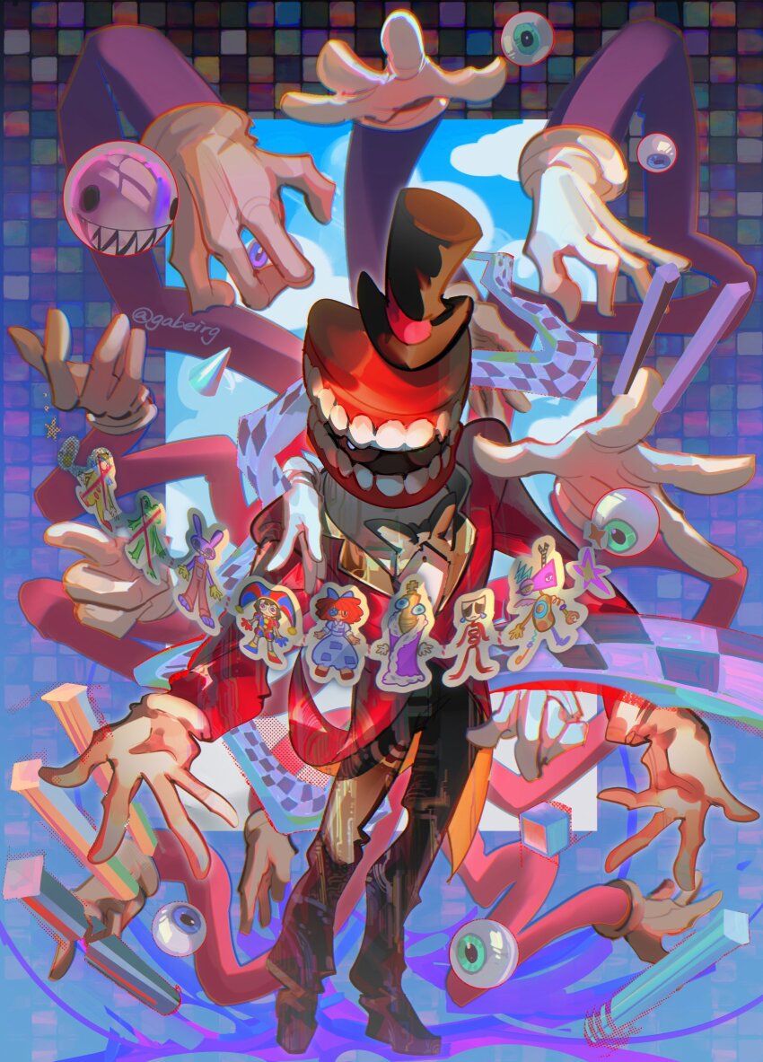 2boys, absurdres, animal_ears, asymmetrical_gloves, asymmetrical_legwear, black_bow, black_bowtie, black_hair, black_pants, blue_eyes, blush, bow, bowtie, bubble, bubble_(the_amazing_digital_circus), button_eyes, buttons, caine_(the_amazing_digital_circus), chess_piece, clown, clown_nose, colored_sclera, colored_skin, comedy_and_tragedy_masks, dress, extra_arms, gabe_(gabeirg), gangle_(the_amazing_digital_circus), gloves, green_eyes, green_skin, hair_bow, hat, heterochromia, highres, hooves, jacket, jax_(the_amazing_digital_circus), jester, jester_cap, jester_costume, kaufmo_(the_amazing_digital_circus), king_(chess), kinger_(the_amazing_digital_circus), looking_at_viewer, multiple_boys, neck_ribbon, overalls, pants, patchwork_clothes, pink_bow, pink_bowtie, pomni_(the_amazing_digital_circus), purple_dress, purple_fur, purple_robe, rabbit_ears, ragatha_(the_amazing_digital_circus), red_hair, red_jacket, red_lips, ribbit_(the_amazing_digital_circus), ribbon, robe, sharp_teeth, suit_jacket, teeth, the_amazing_digital_circus, top_hat, white_gloves, yellow_overalls, yellow_sclera, zooble_(the_amazing_digital_circus)