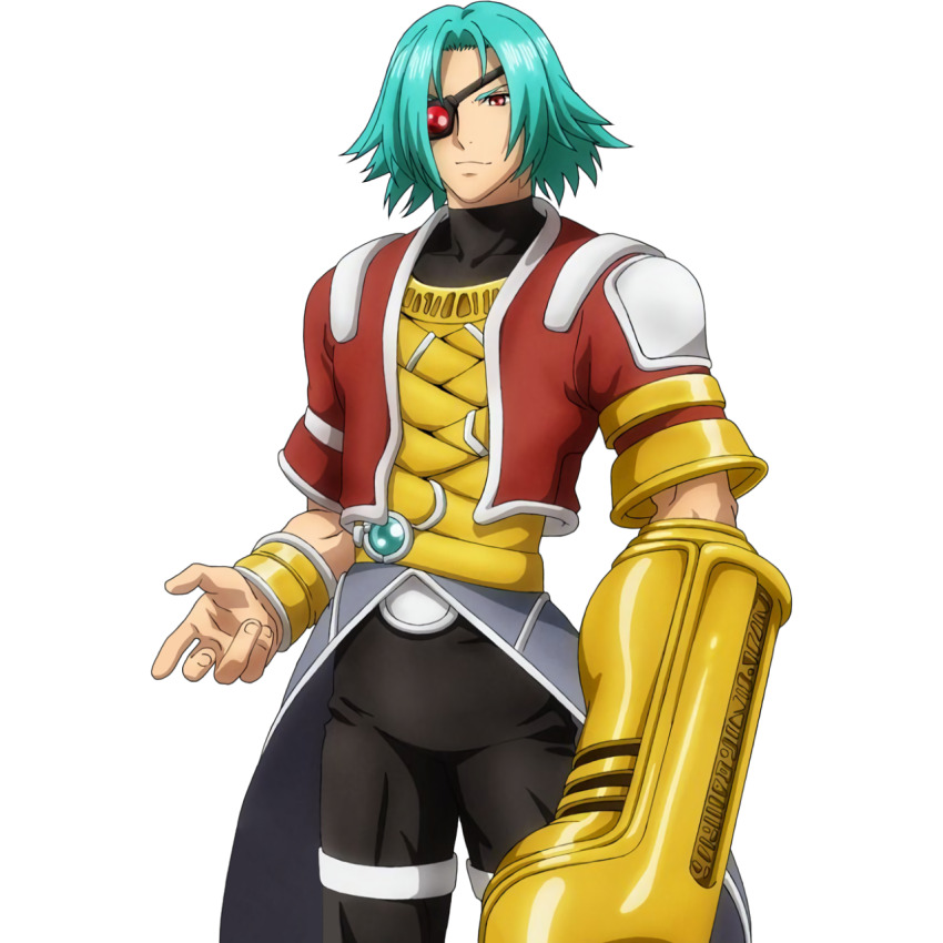 1boy, aqua_hair, arm_cannon, armor, artificial_eye, artist_request, black_pants, bracelet