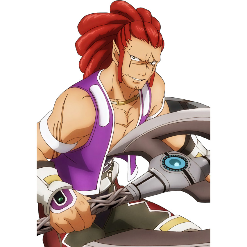 1boy, armband, artist_request, axe, collarbone, commentary, cowboy_shot, game_cg