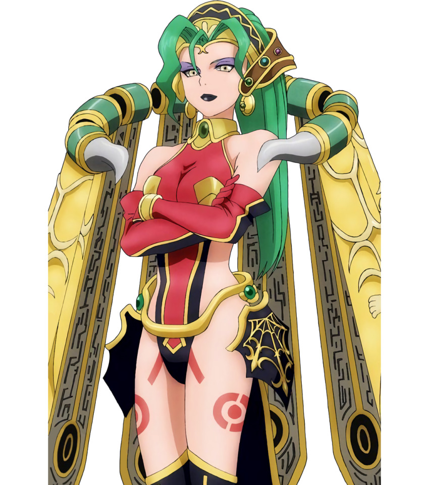 1girl, artist_request, black_gloves, black_lips, breasts, commentary, cowboy_shot, crossed_arms