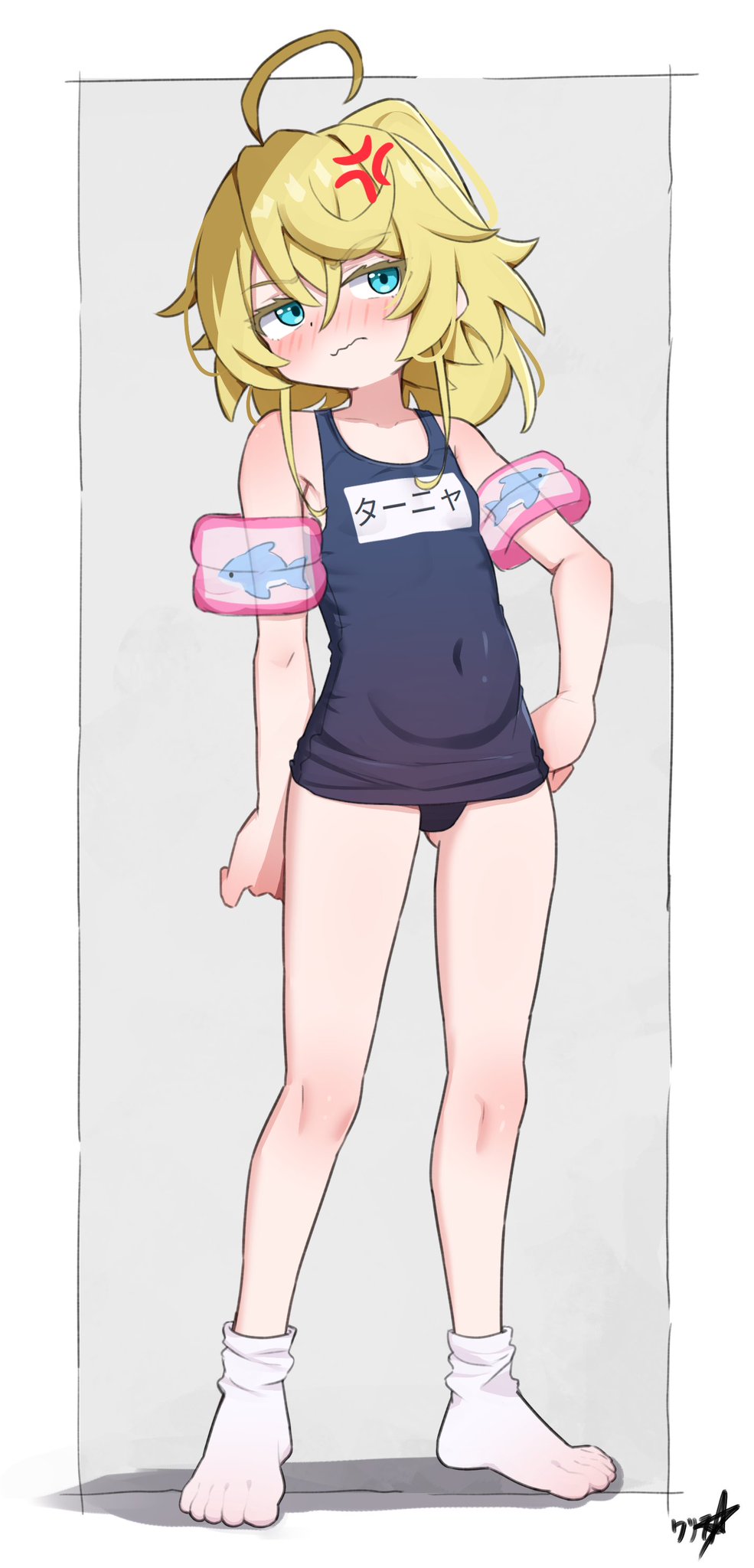 ankle_socks, arm_floats, artist_request, blonde_hair, blush, flat_chest, inflatable_armbands, navel