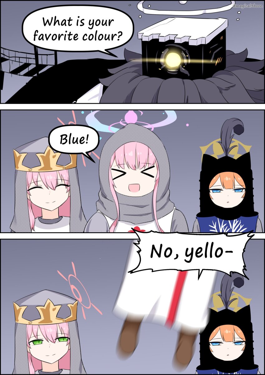 >_<, 1other, 3girls, :d, absurdres, animal_ears, armor, blue_archive