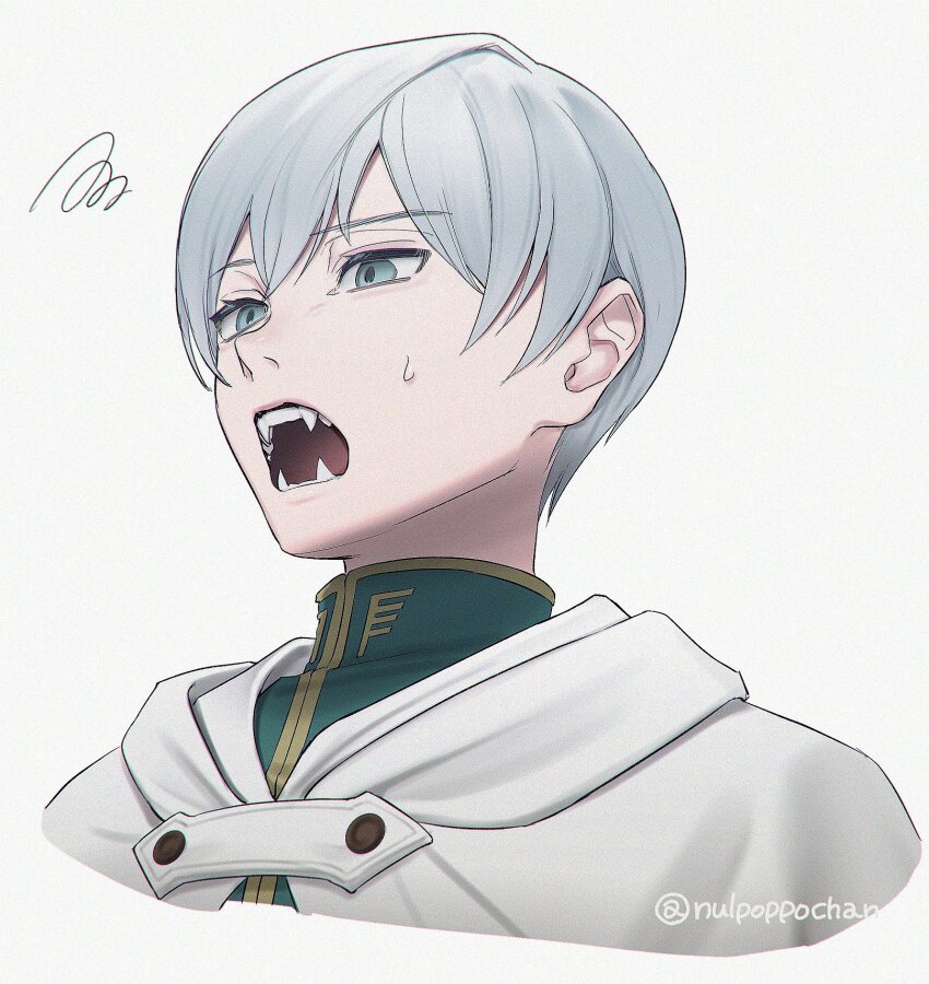 1boy, artist_name, cape, commentary_request, double-parted_bangs, fangs, green_robe, grey_eyes