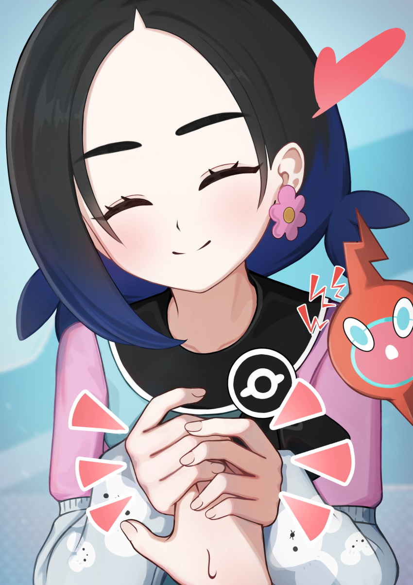 2girls, absurdres, akacolor, black_hair, closed_eyes, closed_mouth, commentary_request, earrings, eyelashes, facing_viewer, gen_4_pokemon, hands_up, happy, heart, highres, jewelry, long_hair, long_sleeves, multiple_girls, nintendo, pokemon, pokemon_(creature), pokemon_champions, rotom, shirt, smile, split_mouth, sweatdrop, tatora_(pokemon), upper_body