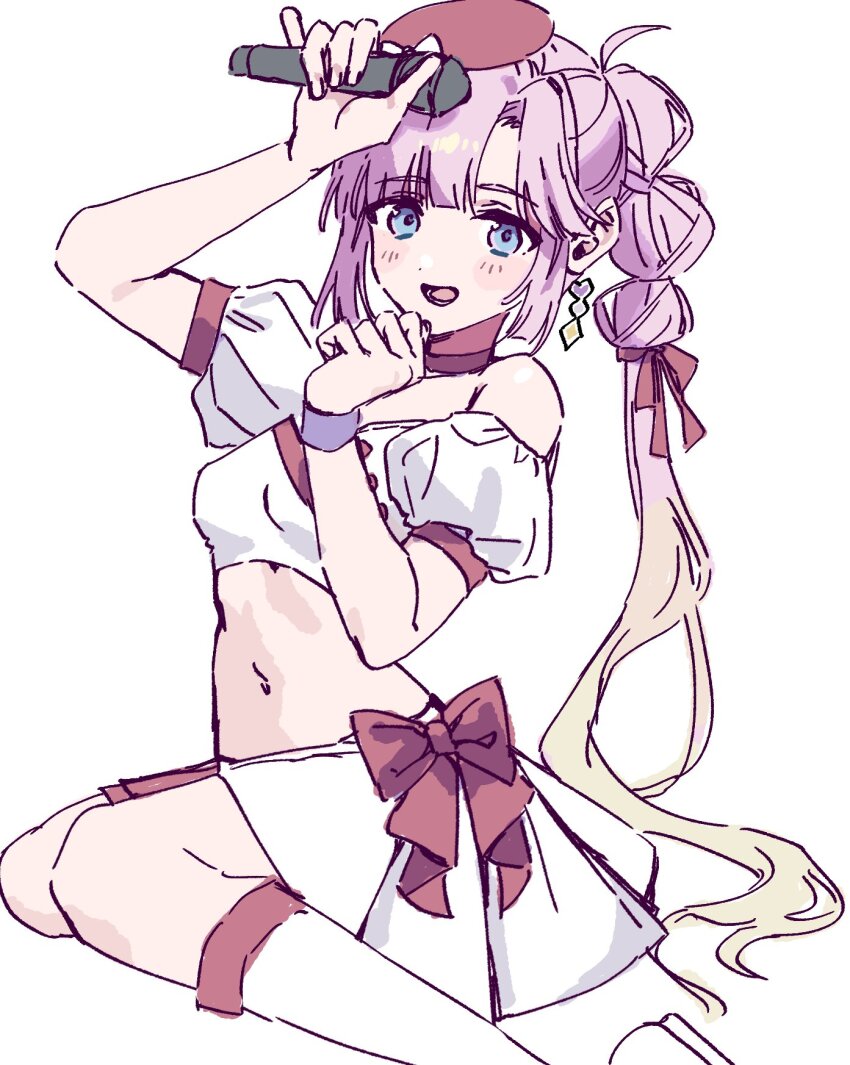 1girl, :d, anyoji_hime, arm_up, blonde_hair, blue_eyes, boots, breasts, choker, commentary, cosplay, crop_top, cropped_shirt, earrings, floating_earrings, gradient_hair, hair_ribbon, hand_up, hat, heart, heart_earrings, highres, holding, holding_microphone, jewelry, knee_boots, kurusu_rin, kurusu_rin_(cosplay), link!_like!_love_live!, looking_at_viewer, love_live!, medium_breasts, microphone, miniskirt, miracreation/elegance, multicolored_hair, off-shoulder_shirt, off_shoulder, open_mouth, pink_hair, pleated_skirt, posushi, red_choker, red_hat, red_ribbon, ribbon, shirt, short_sleeves, sidelocks, simple_background, skirt, smile, solo, stomach, virtual_youtuber, voice_actor_connection, white_background, white_boots, white_shirt, white_skirt