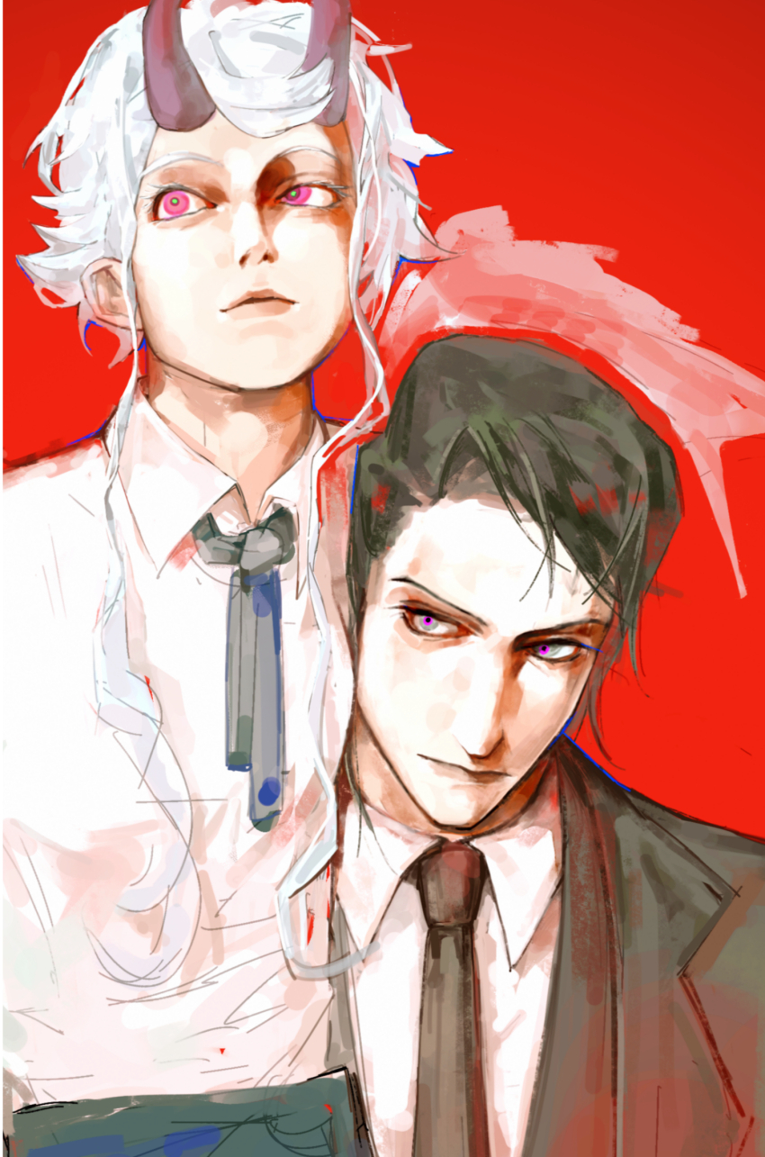 1boy, 1girl, bailey_(degrees_of_lewdity), bailey_(male)_(degrees_of_lewdity), black_hair, black_necktie, c1nn4tus, collared_shirt