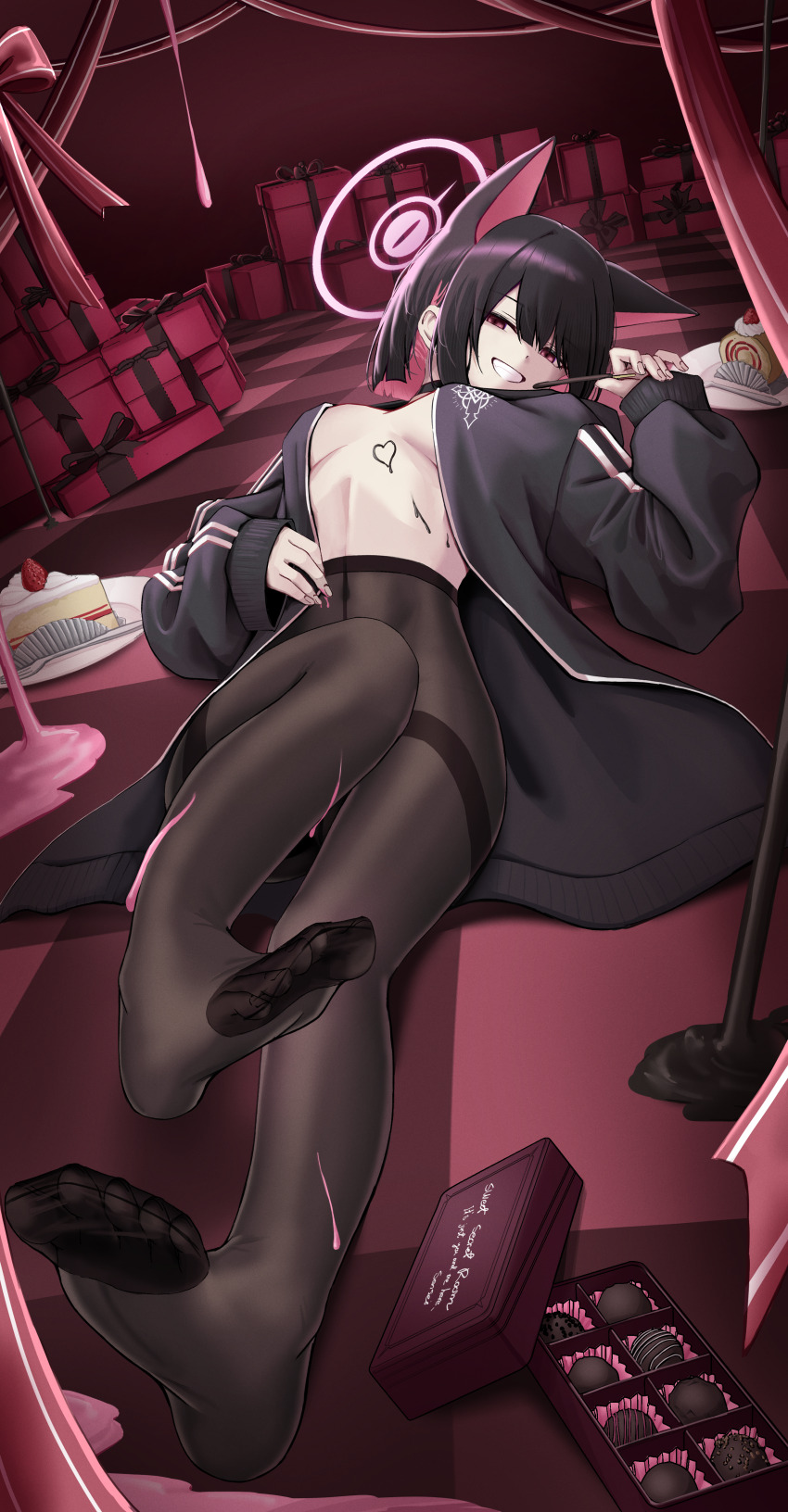 1girl, absurdres, animal_ears, black_hair, black_jacket, black_pantyhose, blue_archive, breasts