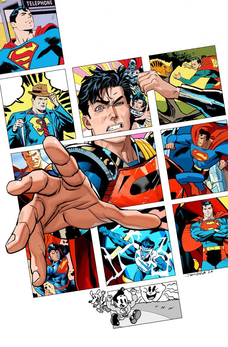 black_hair, bodysuit, cape, comic_cover, dan_mora, dc_comics, multicolored_bodysuit, multiple_boys