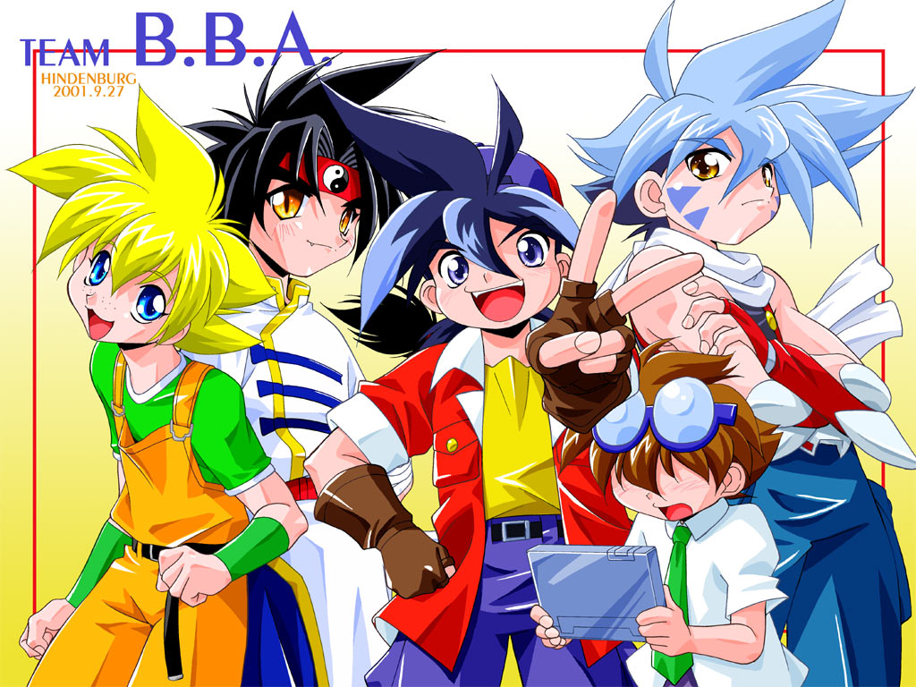 2000s_(style), 5boys, :3, :d, ahoge, arm_warmers, artist_name, bakuten_shoot_beyblade