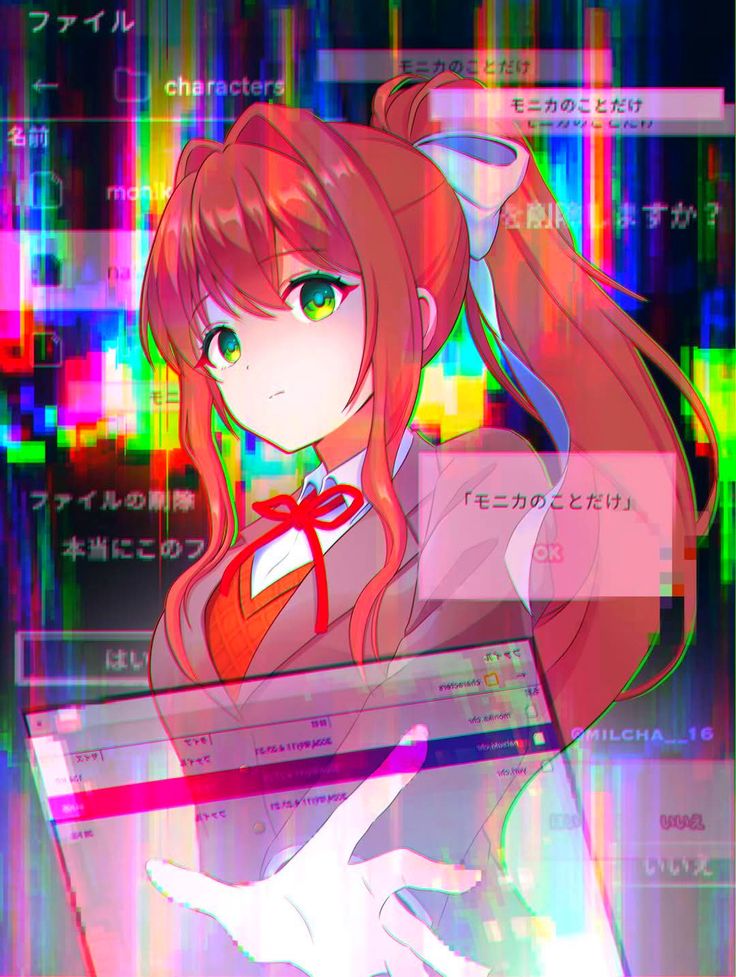 bow, doki_doki_literature_club, doki_doki_literature_club_school_uniform, glitch, green_eyes, long_hair, monika, monika_(doki_doki_literature_club)