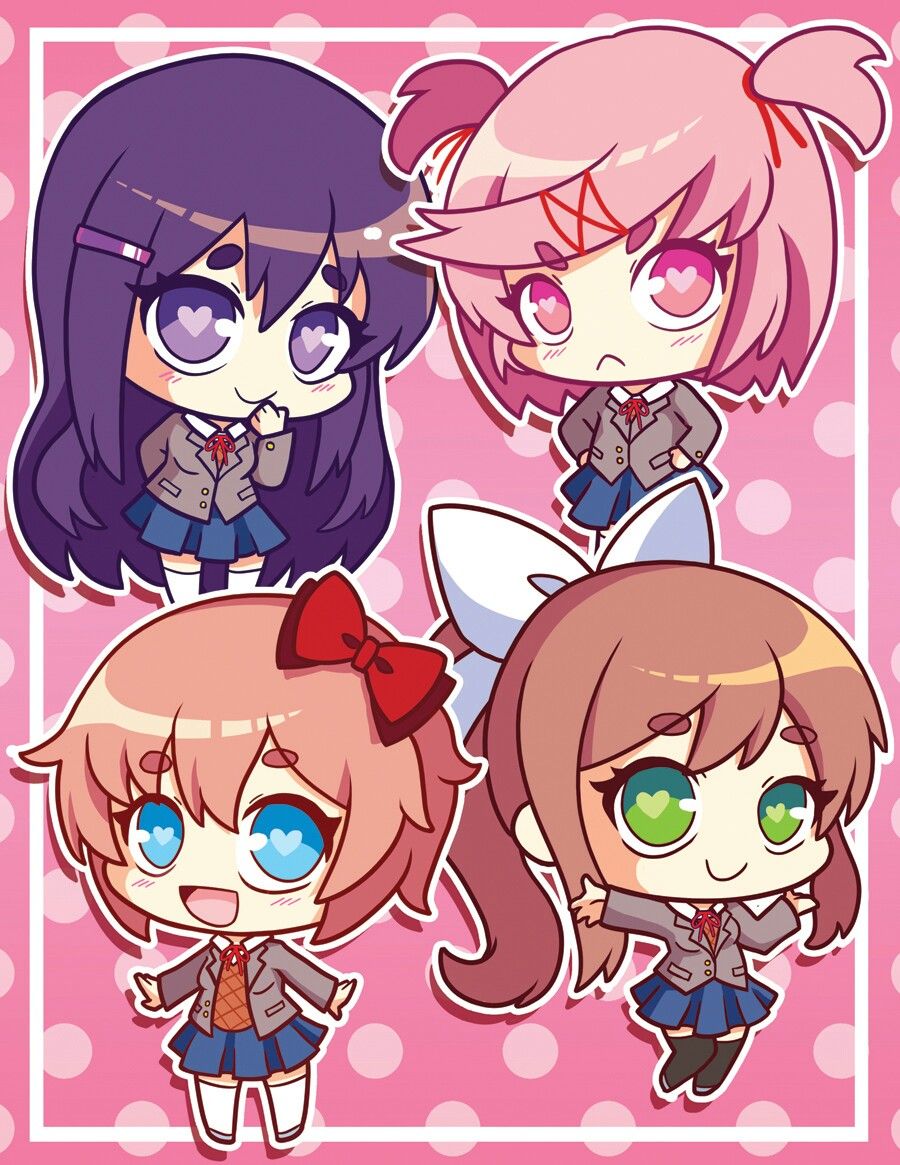 bow, doki_doki_literature_club, doki_doki_literature_club_school_uniform, green_eyes, long_hair, monika, monika_(doki_doki_literature_club), natsuki_(doki_doki_literature_club)