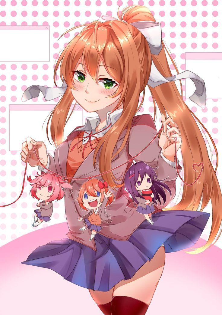 bow, doki_doki_literature_club, doki_doki_literature_club_school_uniform, green_eyes, long_hair, monika, monika_(doki_doki_literature_club), natsuki_(doki_doki_literature_club)