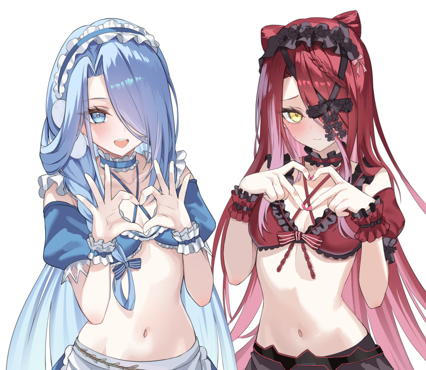 2girls, absurdres, bare_shoulders, blue_eyes, blue_hair, blush, breasts, choker, fate/grand_order, fate_(series), frilled_choker, frilled_hairband, frills, hair_over_one_eye, hairband, heart, heart_hands, highres, long_hair, looking_at_viewer, multiple_girls, nagine, navel, open_mouth, red_hair, small_breasts, smile, typhon_ephemeros_(double_sweet)_(fate), typhon_ephemeros_(fate), typhon_epsilon_(double_sweet)_(fate), typhon_epsilon_(fate), very_long_hair, yellow_eyes