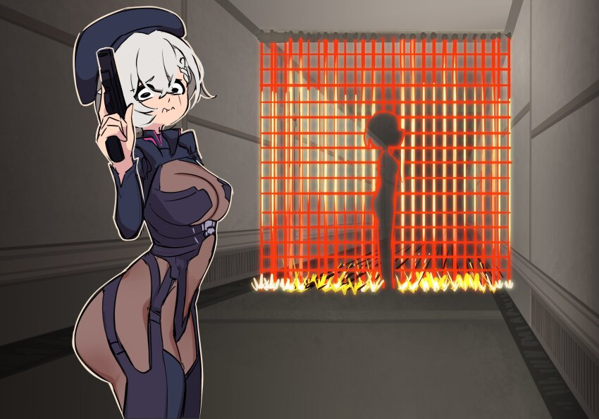 1girl, ass, beret, breasts, centurii-chan, commentary, english_commentary, game_modding, grey_hair, gun, handgun, hat, highres, holding, holding_gun, holding_weapon, huge_ass, indie_virtual_youtuber, laser_hallway, looking_at_viewer, nervous, saruei_(vtuber), short_hair, silhouette, sparks, virtual_youtuber, wavy_mouth, weapon