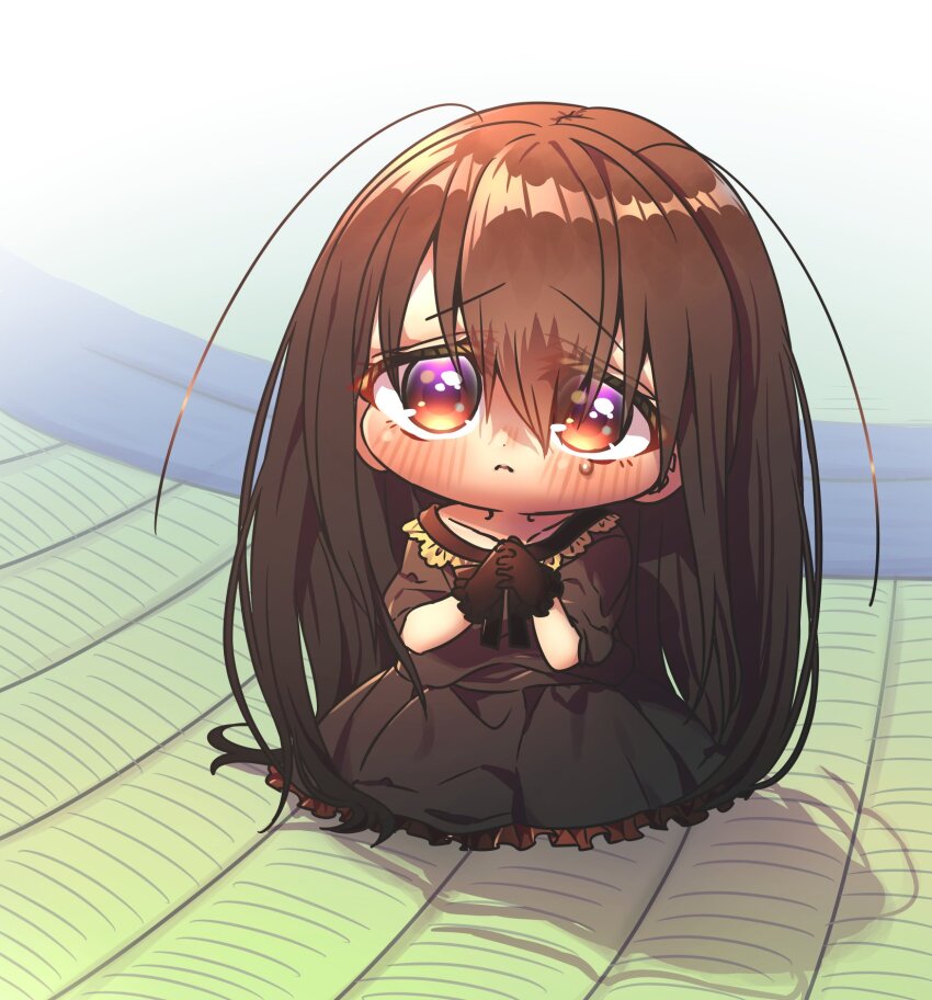 1girl, arthropod_girl, black_dress, black_gloves, blush, brown_eyes, brown_hair, chibi