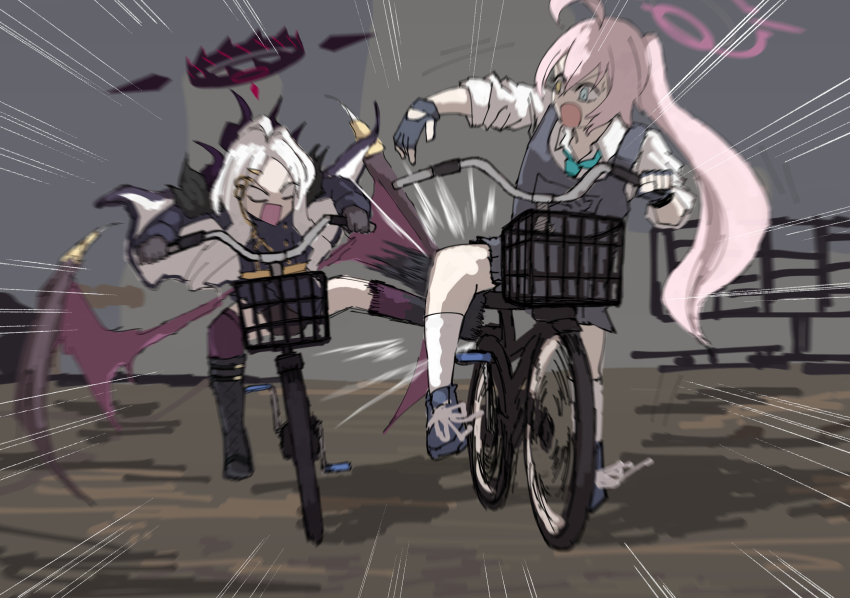 2girls, angry, aqua_necktie, bicycle, black_skirt, blank_eyes, blue_archive, blue_eyes, bulletproof_vest, collared_shirt, commentary_request, darkmin2p053er, demon_horns, demon_wings, fingerless_gloves, gloves, halo, heterochromia, highres, hina_(blue_archive), horns, hoshino_(armed)_(blue_archive), hoshino_(blue_archive), jacket, kicking, long_hair, motion_blur, motion_lines, multiple_girls, multiple_horns, necktie, open_mouth, parody, pink_halo, ponytail, purple_halo, purple_jacket, purple_wings, resident_evil, resident_evil_requiem, riding, riding_bicycle, scene_reference, shirt, skirt, sleeves_rolled_up, white_hair, white_shirt, wings, yellow_eyes