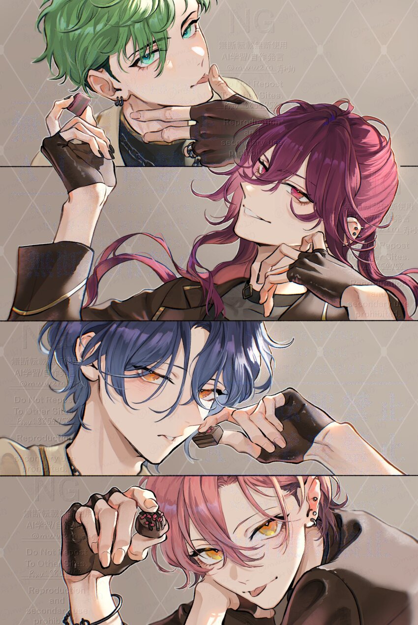 4boys, absurdres, arm_support, blue_eyes, blue_hair, bracelet, brown_gloves, chocolate